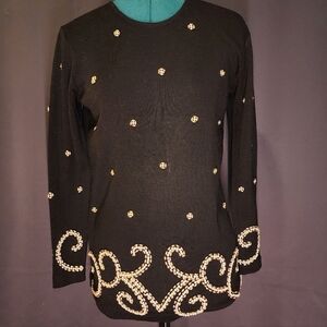 Chic Black Embellished Women's Long Sleeve Top